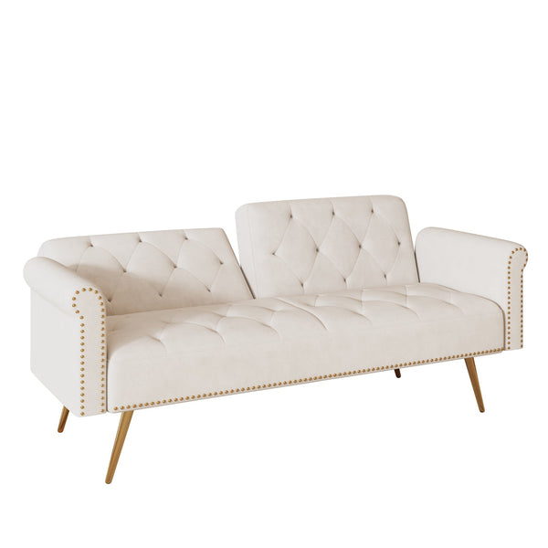 English Elm A Velvet 69.7" Sofa Bed with Gold Legs, Nailhead Trim, 2-Seater Convertible Sofa with Pillow Beige W3356P298442