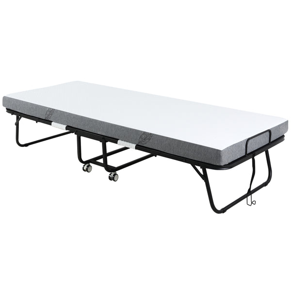 English Elm HOMCOM Foldaway Guest Bed with 4" Foam Mattress, Steel Frame on Locking Wheels, Space-Saving W2225P200758