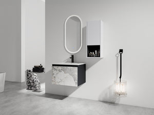 English Elm 24" Wall-Mounted Bathroom Vanity Set With Soft Close Doors, Ceramic Sink, And Side Cabinet Storage W999S00330