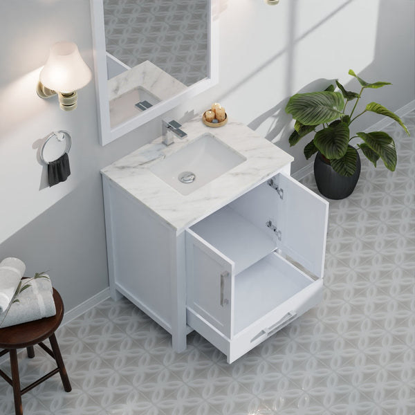 English Elm White 30 in. Bath Vanity with Carrara Marble Top, Soft-Close Drawer, Chrome Faucet, Spacious Storage B2731P258993