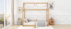 English Elm Twin Size Wooden House Bed with Pine & MDF Frame, Low Height Safety Design, Easy Assembly, 400lb Capacity N716P227423D