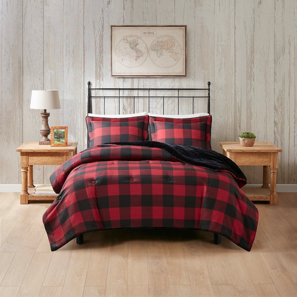English Elm King/Cal King Bernston Faux Wool to Faux Fur Comforter Set – Plaid Print, Down Alternative, Oeko-Tex Certified, Machine Washable Luxury B035100726