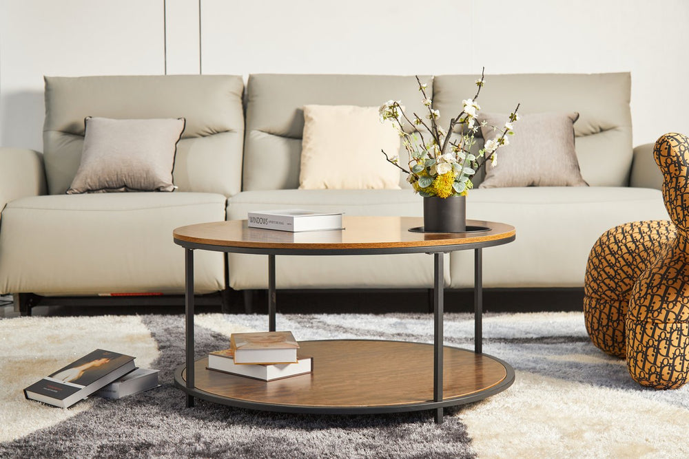English Elm Round Coffee Table Antique Wood Finish Two Tier Open Shelf Modern Living Room Black Brown W1911P371570