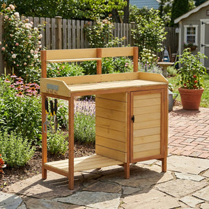English Elm Outdoor Solid Wood Potting Bench with Built-in Sink Sliding Top and Garden Storage W2640P236086