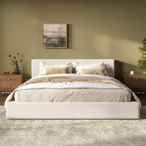 English Elm King Linen Upholstered Platform Bed Thick Padded Headboard No Box Spring Needed N757K345636I