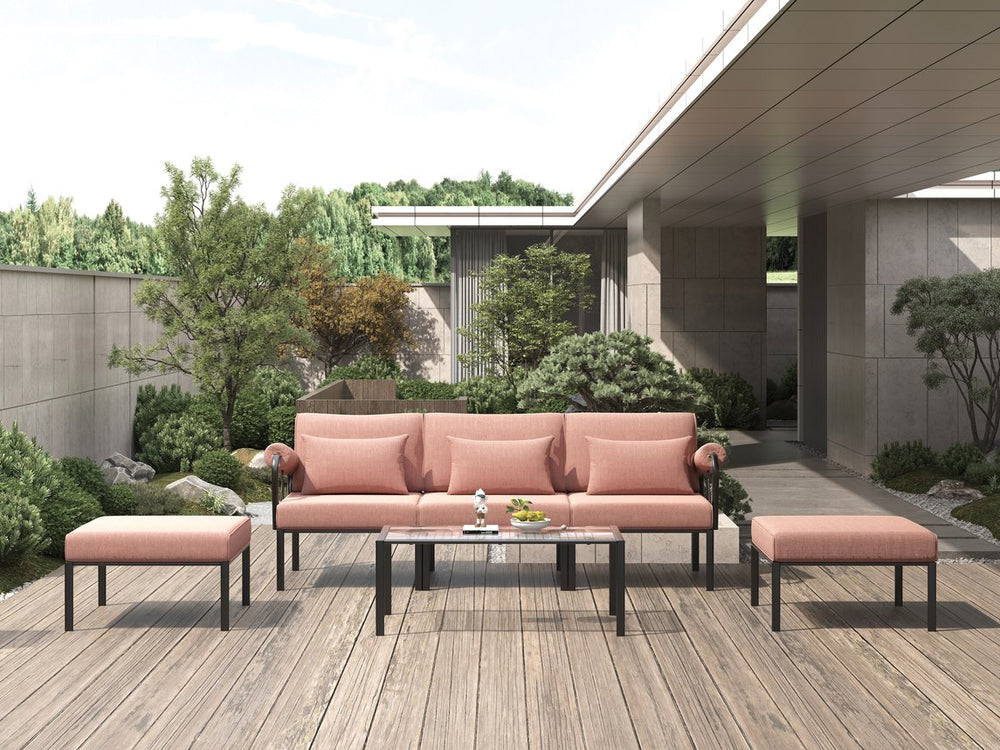 English Elm Rajni Pink 5PC Modular Patio Sectional with Ottoman — Waterproof UV-Resistant Fabric, Metal Frame B2726S00413