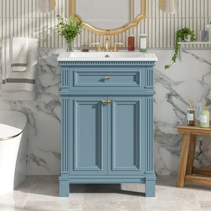 English Elm 24'' Carved Farmhouse Bathroom Vanity with Ceramic Sink Soft Close Storage Cabinet Indigo Blue N710P446530M