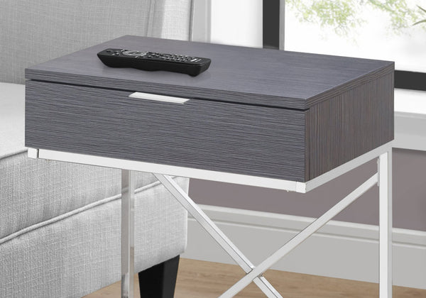 English Elm Accent Table – Modern Grey Laminate Nightstand With Chrome Metal Frame & Storage Drawer For Any Room B2710P219299