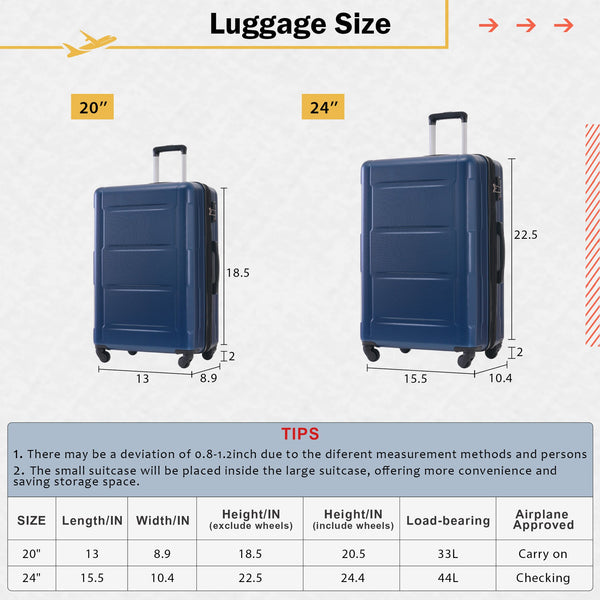 English Elm 2 Piece Abs Hard Shell Spinner Luggage Set with Tsa Lock Expandable Travel Suitcases Blue N732P198744C