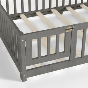 English Elm Twin Floor Bed Solid Pine Frame with Guardrails and Door for Safe Kid Sleep W1580P433578