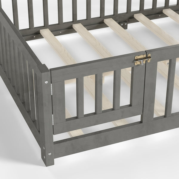 English Elm Twin Floor Bed Solid Pine Frame with Guardrails and Door for Safe Kid Sleep W1580P433578