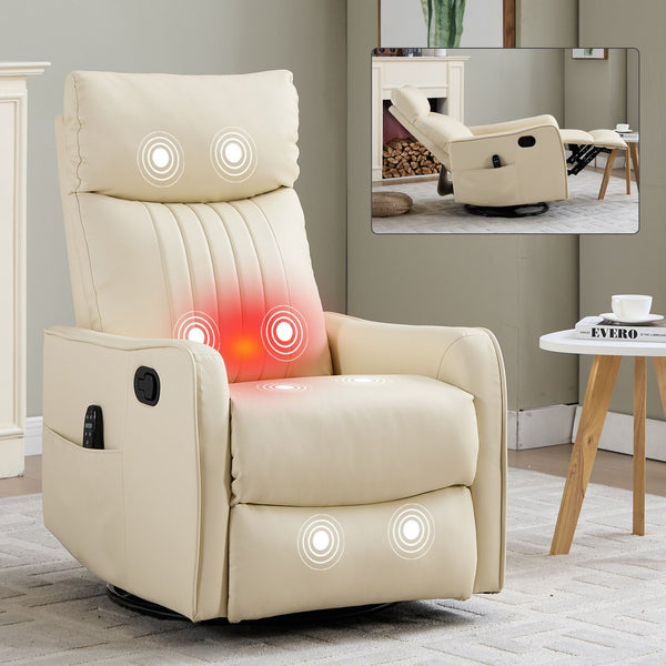 English Elm Beige Fabric Swivel Rocker Recliner with Massage Nodes and Lumbar Heat for Living Room Beige W1803P363430