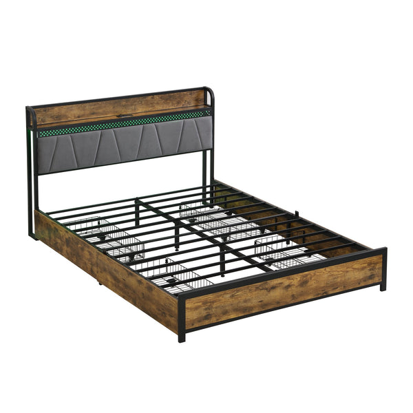 English Elm King Storage Bed Frame with USB Outlets, RGB LED Headboard, 4 Rolling Drawers & Metal Slats, Black Brown Gray W2297P291441