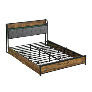 English Elm Queen Storage Bed Frame with Headboard USB Outlets, RGB LED Lights, 4 Rolling Drawers, Sturdy Metal Slats W2297P218132