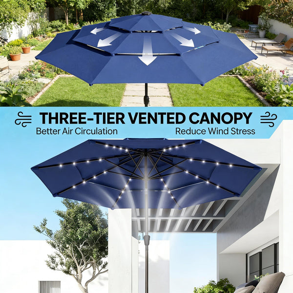 English Elm Garden Cantilever Patio Umbrella with Solar Led Lights and Upf30 Polyester Canopy Navy Blue T3971P481885