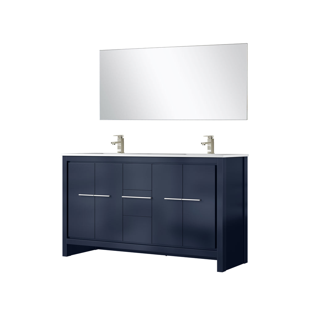English Elm Navy Blue Double Bath Vanity 60" W With White Quartz Top, Brushed Nickel Faucet & 55" Mirror Set B2731S01722