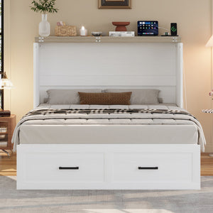 English Elm Full Farmhouse Murphy Cabinet Bed with Charging Station and Large Drawers, Space-Saving Guest Solution White 52.25 L x 26.25 W x 5.25 H N733S237853W