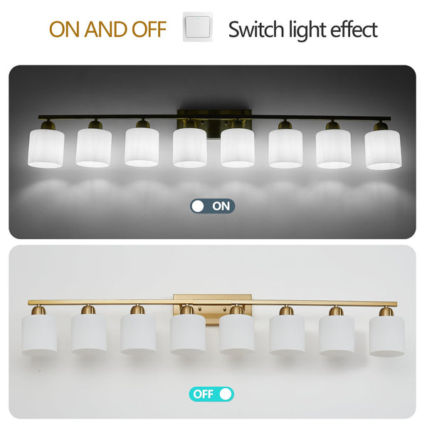 English Elm 52inch Gold Modern Vanity Light Bar with Milky White Glass Shades, 8-Light E26 Wall Sconce for Bath Dressing Room W2312P374859