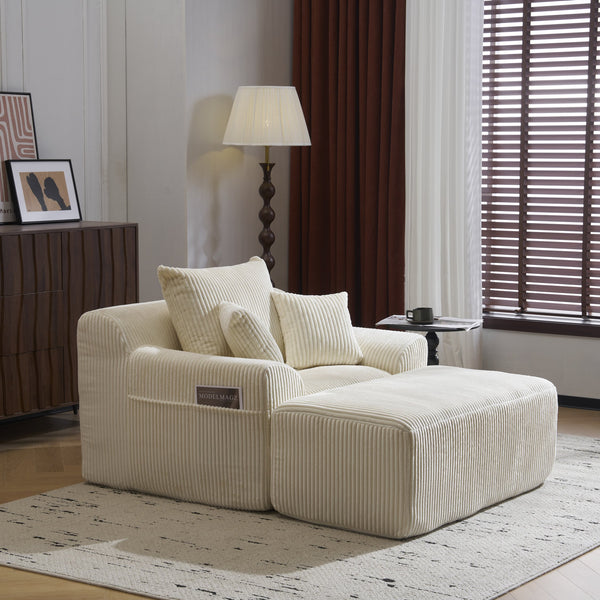 English Elm Oversized corduroy chaise lounge with ottoman, plush boneless sofa, ergonomic pillows for relaxing comfort Beige W1901P278402
