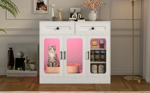 English Elm Cat Litter Box Cabinet with Glass Doors Led Light Drawers and Wood Grain Finish White N704P395520K