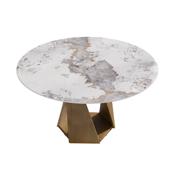English Elm 59.05" Round Marble Dining Table - Elegant Sintered Stone Top With Bronze Iron Base For 6-8 People W1535S00471