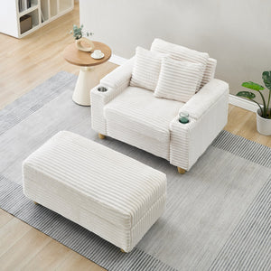 English Elm White Corduroy Single Sofa with Built-In Arm Storage, Ottoman Storage, Removable Covers, 57" W1658S00138