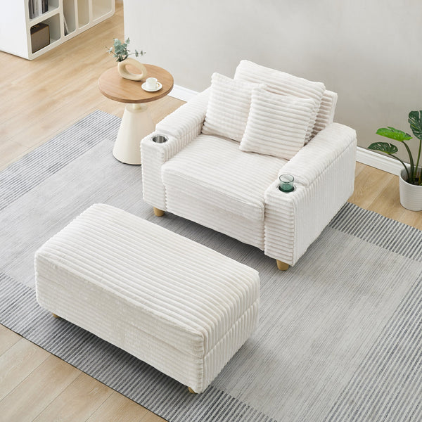 English Elm White Corduroy Single Sofa with Built-In Arm Storage, Ottoman Storage, Removable Covers, 57" W1658S00138