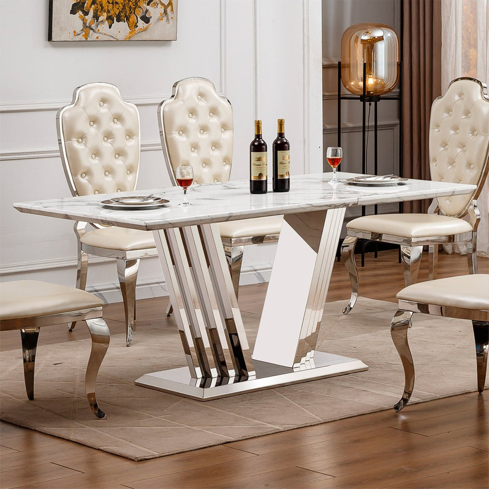 English Elm Marble Dining Table For 6-8, Modern Rectangular Faux Marble Top With Polished Stainless Steel Base W3456S00046