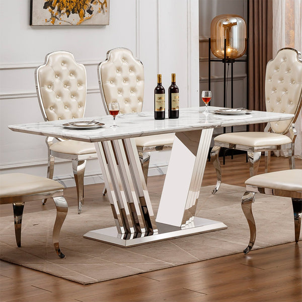 English Elm Marble Dining Table For 6-8, Modern Rectangular Faux Marble Top With Polished Stainless Steel Base W3456S00046
