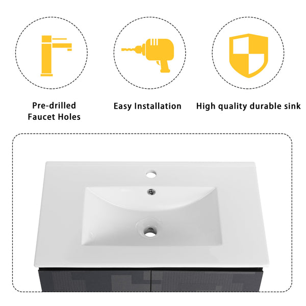 English Elm 30'' Floating Wall-Mounted Bathroom Vanity Set With Ceramic Sink, Soft-Close Doors & Modern Design W999S00209