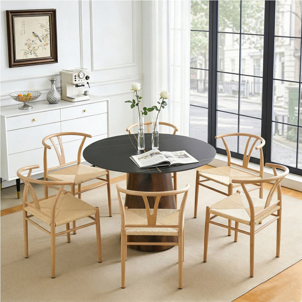 English Elm Table and Chairs Set 42 Inch Round Stone Top Six Wishbone Seats Walnut Dining W2920S00153