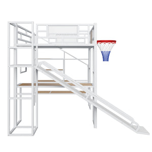 English Elm Full Full Size Metal Loft Bed with Built-In Desk, Slide, Basketball Hoop and Open Wardrobe Storage White GX001524AAK