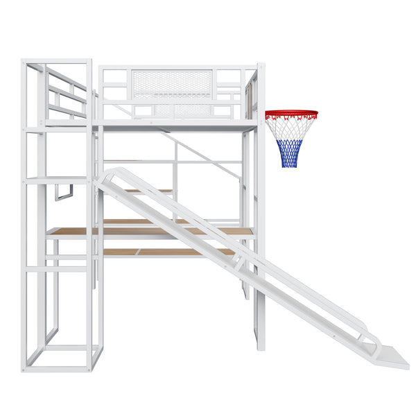 English Elm Full Full Size Metal Loft Bed with Built-In Desk, Slide, Basketball Hoop and Open Wardrobe Storage White GX001524AAK