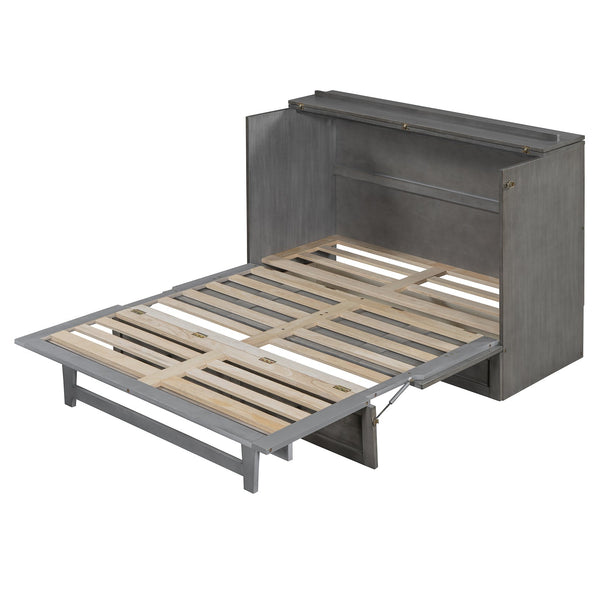 English Elm Full Size Murphy Bed Rattan Cabinet with Storage Drawers and Gold Hardware N708S00005AAE