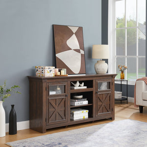 English Elm 2 Door Farmhouse Media Console with Glass Cabinet Panels and Open Shelving for Living Rooms W2275P389693