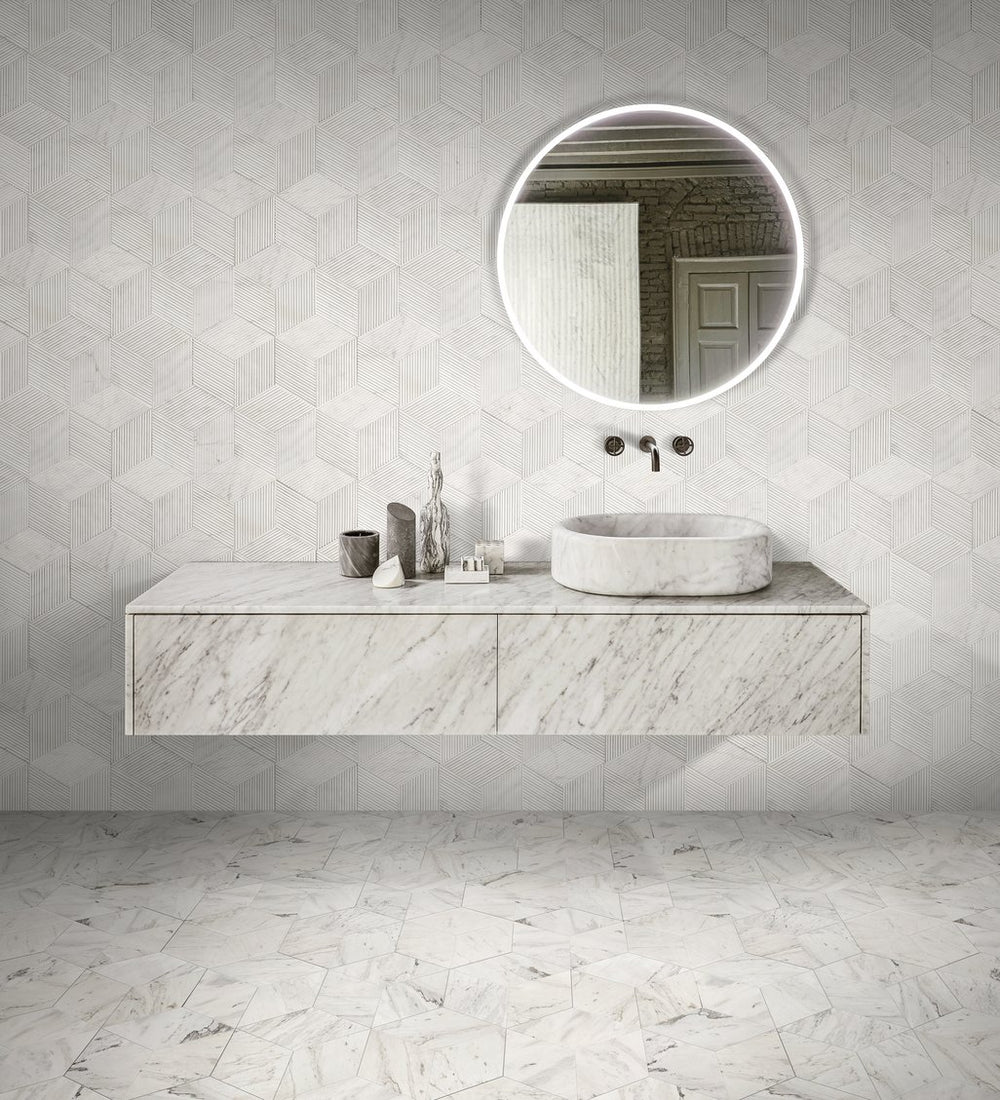 English Elm Hexagon Marble Tile: Snow Mountain White Natural Stone For Luxurious Walls & Floors, 12 Pcs Box W1696P262341