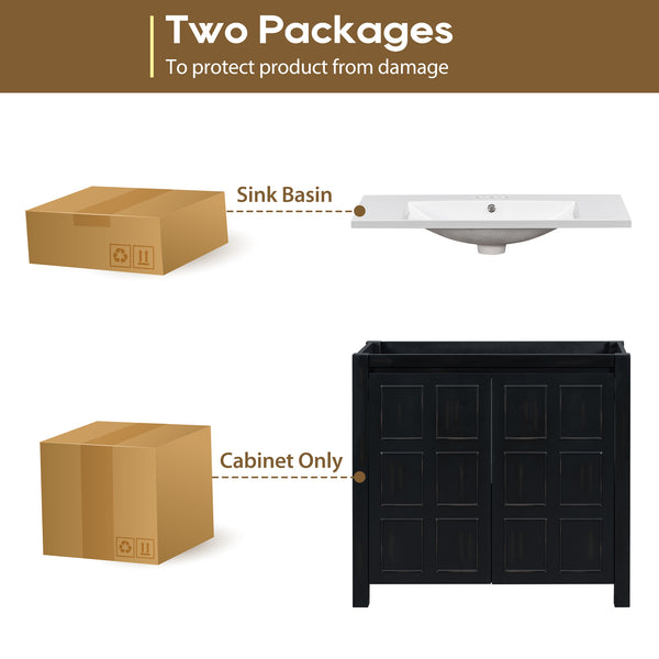 English Elm 36" Retro Espresso Bathroom Vanity Organizer with Sink — Solid Wood, Handcrafted Distressed Finish, Spacious Storage and Soft-Close Doors SV000004AAE-2