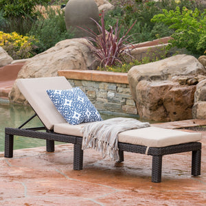 Christopher Knight Home® - Noble House - Puerta Outdoor Dark Brown Wicker Chaise Lounge With Beige Water Resistant Cushion