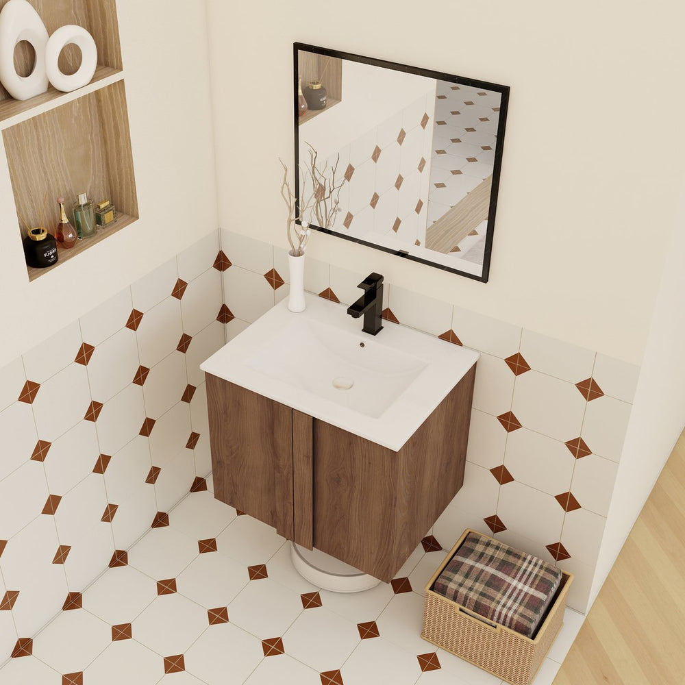 English Elm 24" Wall Mounted Bathroom Vanity Dark Oak Open Shelf Ceramic Sink Soft Close Door W3450P435834