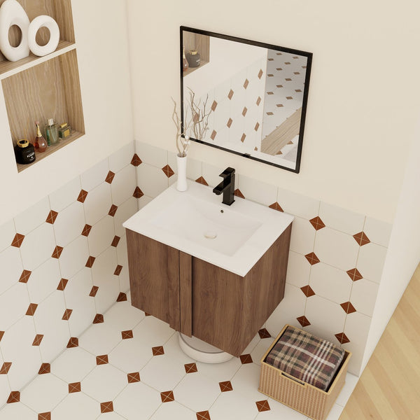 English Elm 24" Wall Mounted Bathroom Vanity Dark Oak Open Shelf Ceramic Sink Soft Close Door W3450P435834