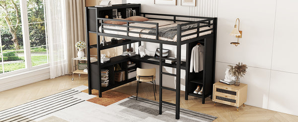 English Elm Metal Loft Bed With Integrated Desk, Wardrobe & Storage Cubes - Space-Saving Solution For All Ages W1580S00068