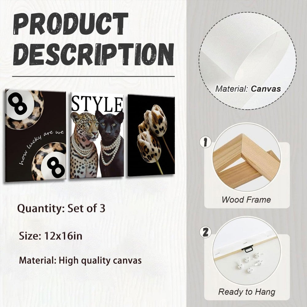 English Elm Fashion Cheetah Black White Canvas 3 Piece Wall Art Set for Bedroom or Dorm W2181P483638