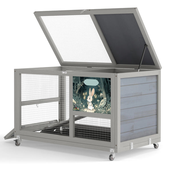 English Elm 2-tier Pine Rabbit Hutch on Wheels with Ramp Removable Tray and Openable Roof W2181P356045