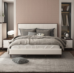 English Elm Modern White and Brown Nightstand with USB Port, 2 Drawers, Slatted Front, Metal-Tipped Legs, Durable Wood B2741P322565