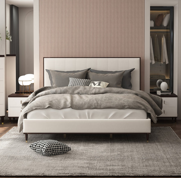 English Elm Modern White and Brown Nightstand with USB Port, 2 Drawers, Slatted Front, Metal-Tipped Legs, Durable Wood B2741P322565