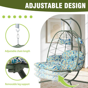 English Elm 2 Person Wicker Hanging Egg Chair with Stand Cushions Footrest Patio Swing Seat T5880P500221