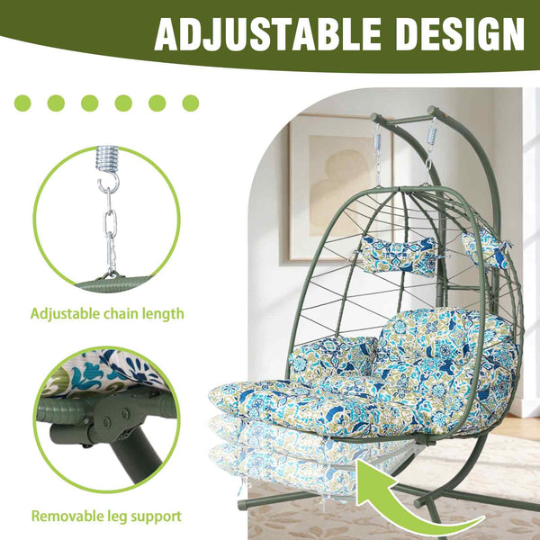 English Elm 2 Person Wicker Hanging Egg Chair with Stand Cushions Footrest Patio Swing Seat T5880P500221