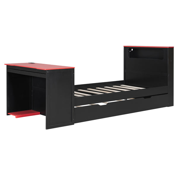 English Elm Twin Wood Gaming Daybed with Trundle Built-in Desk Rgb Lighting and Usb Port Black+Red LT000283AAR