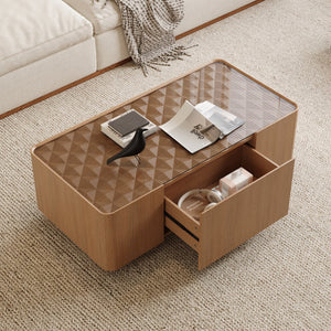 English Elm 46.8" Mid-century Walnut Coffee Table Tempered Glass Top with Concealed Drawers W2263P458487