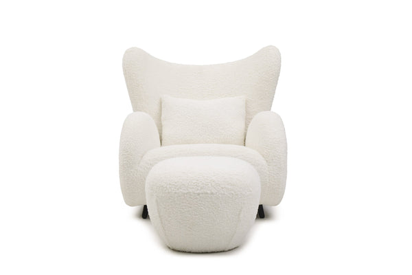 English Elm Modern Wingback Teddy Fabric Accent Chair with Ottoman Plush Ivory Reading Set W2664P347217